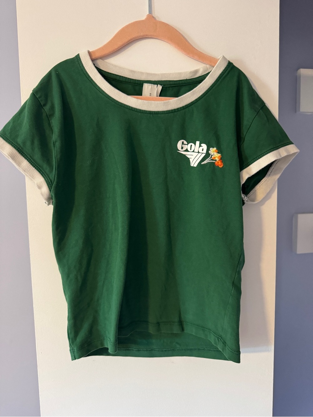 Gola Green Short Sleeve Ringer Tee with White Trim And Embroidered Flowers